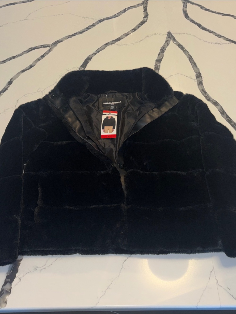 Karl Lagerfeld Black Plush Faux-Fur Cropped Teddy Jacket